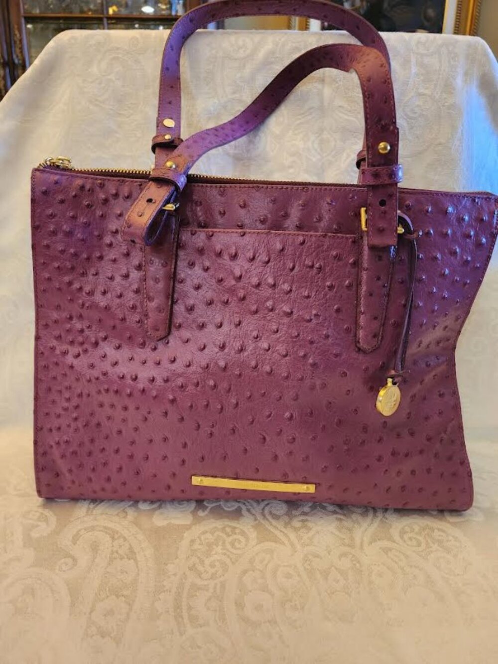 BRAHMIN Purple Ostrich Leather Tori Tote Top Handle